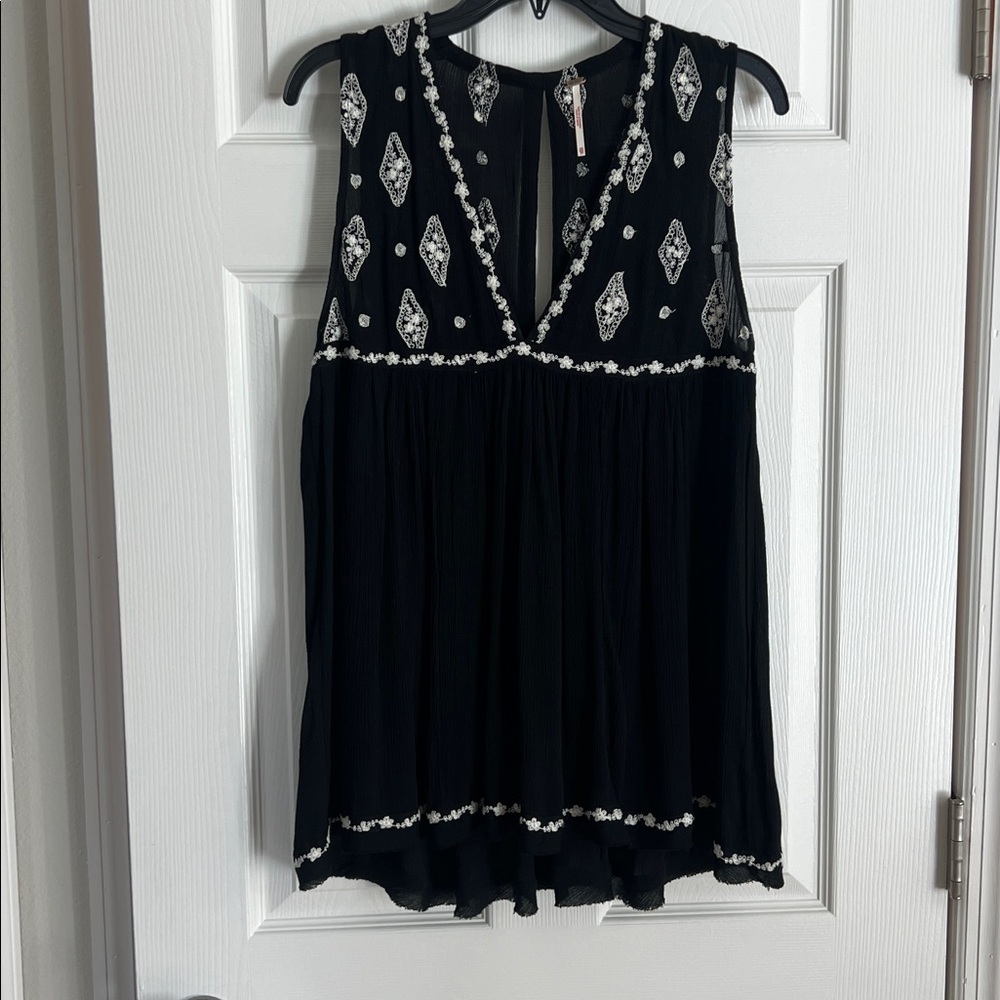 Free People Black Top with White Embroidery